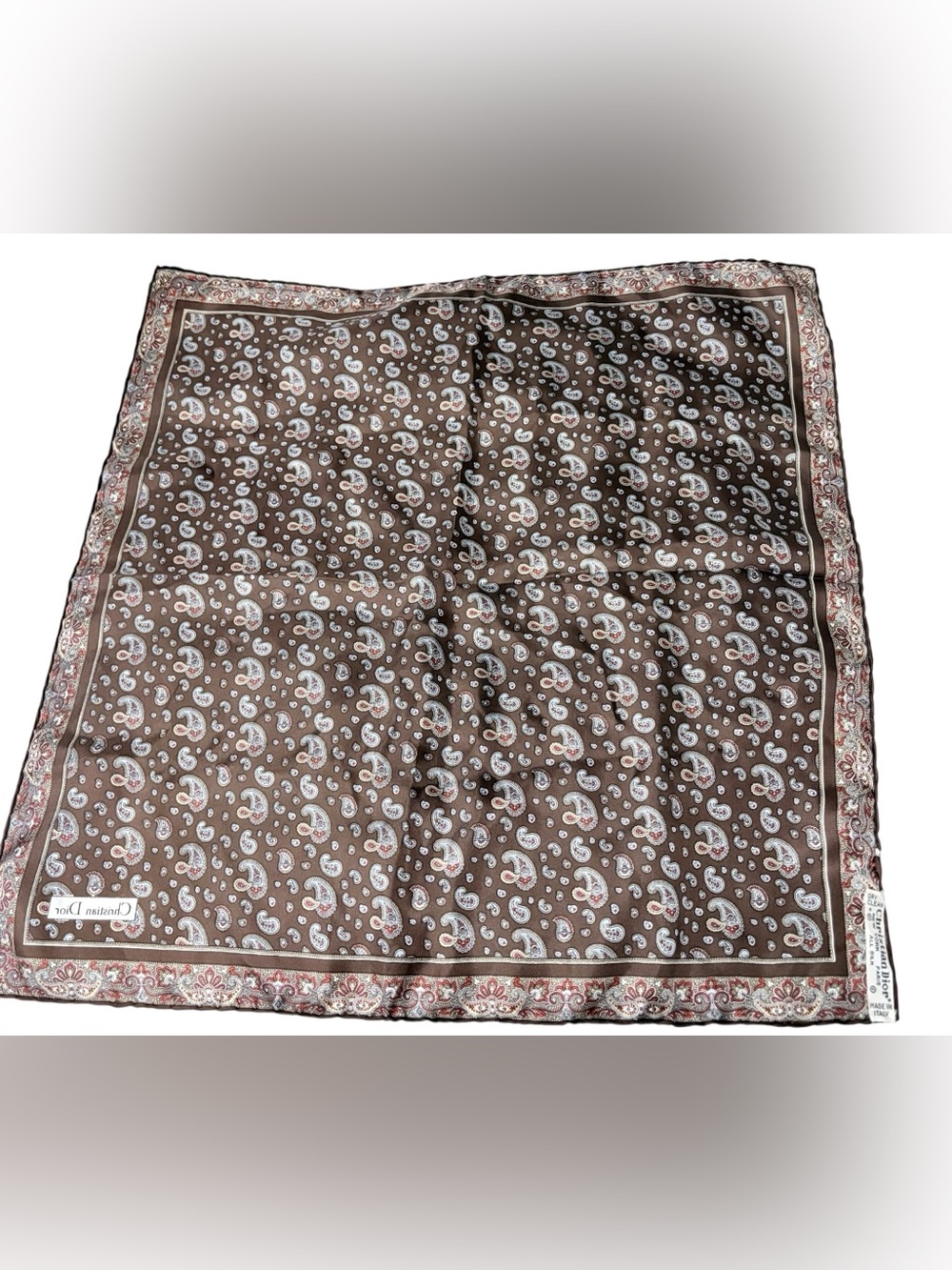 VTG Dior Christian Dior Brown Paisley Pure Silk Small Square Pocket Scarf 17x17